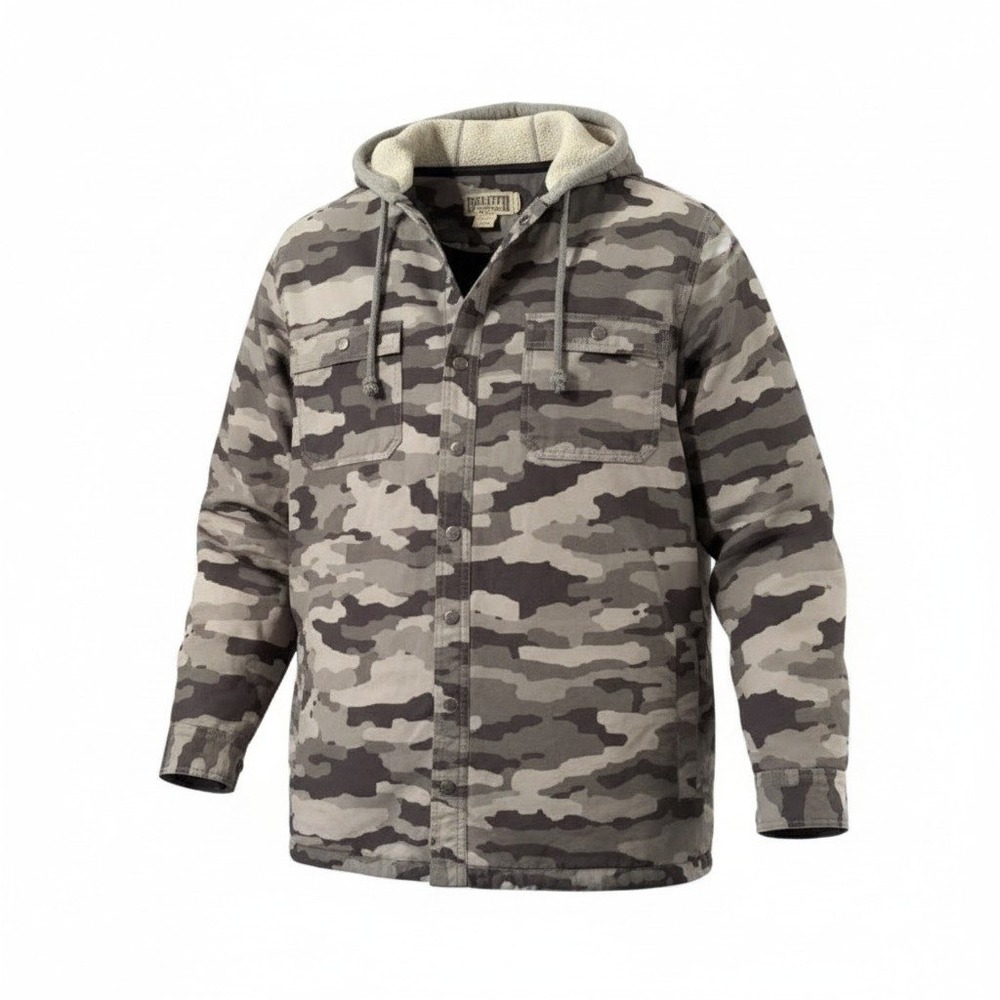 Duluth Trading Co Hooded Shirt Jacket L Tall‎ Gray Camo Canvas Utility Gorpcore